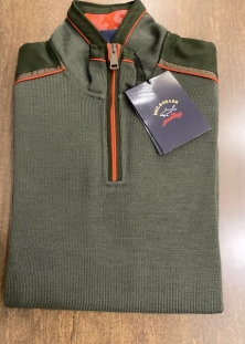 Paul & Shark col demi zip, laine italienne, toile en épaules, forêt, 535$