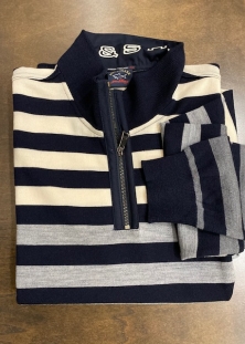 PAUL & SHARK CHANDAIL LAINE ¨COOL TOUCH ¨ COL POLO DEMI ZIP, À 3 COULEURS RAYÉES, 510$