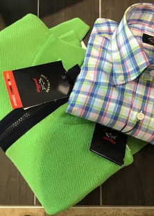 PAUL & SHARK CHANDAIL NOUVELLE LAINE D`ÉTÉ, VERT LIME, 498$,CHEMISE CARREAUX ASSORTIS, 288$